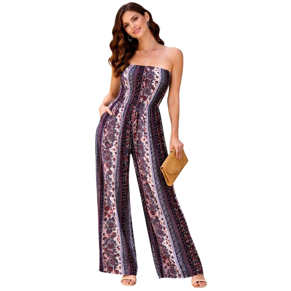 Stella Tweed Jumpsuit Womens Medium Blue Paisley Strapless Wide Leg Boho Smocked